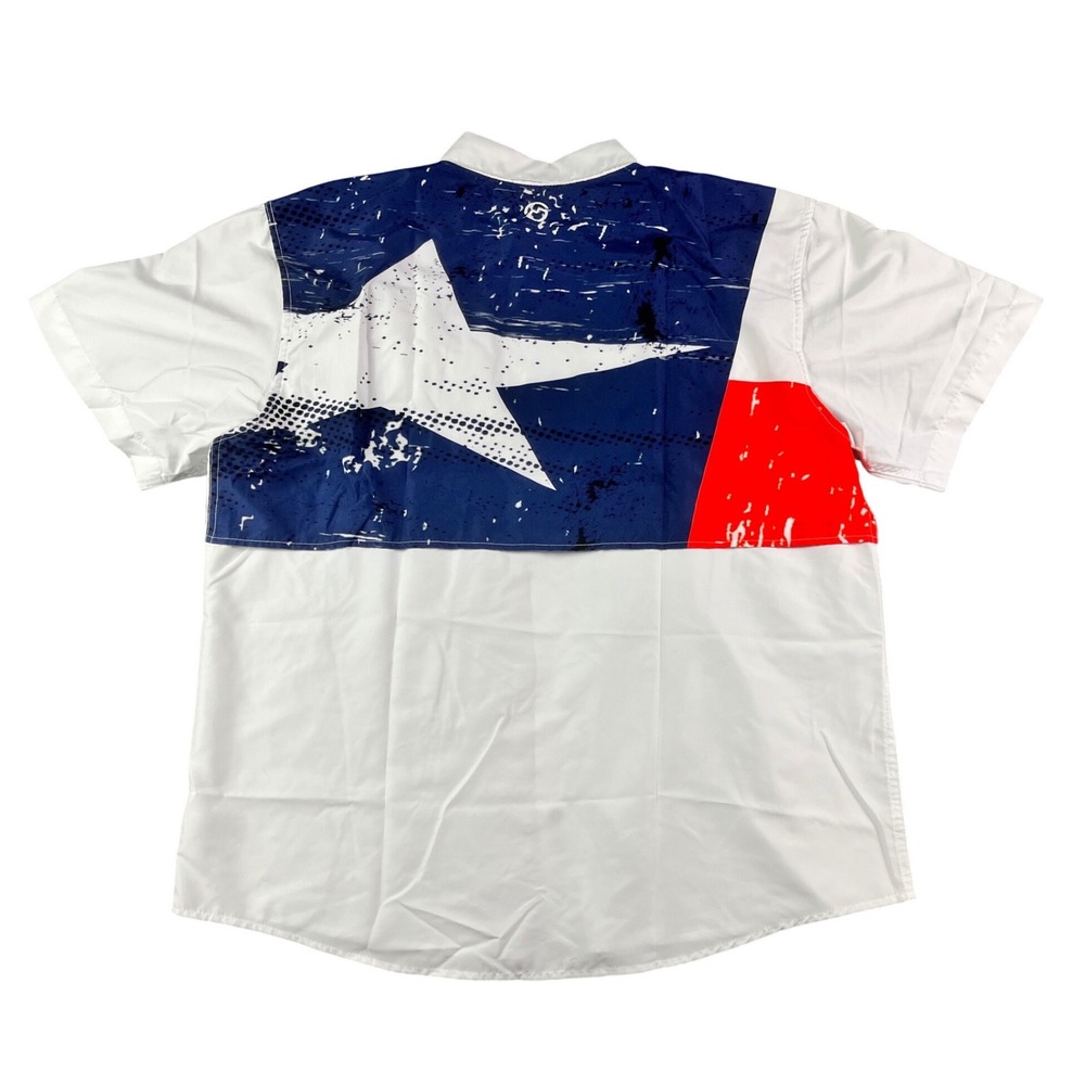 Magellan Outdoors Mens XL White Texas Flag Fish Gear Short Sleeve Fishing Shirt